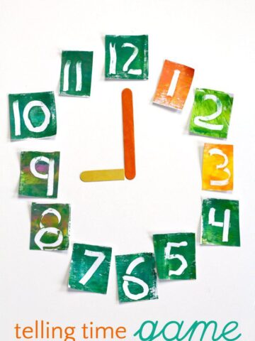 Telling time game for kids that includes literacy and math skills.