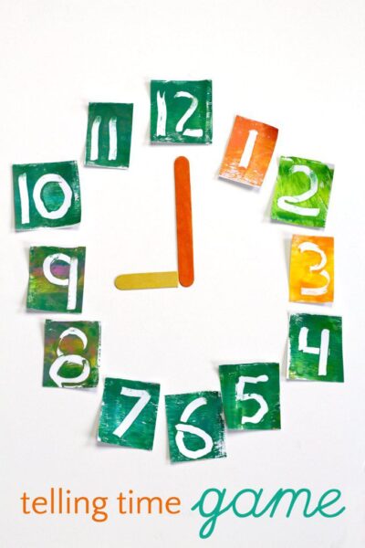 Telling time game for kids that includes literacy and math skills. 