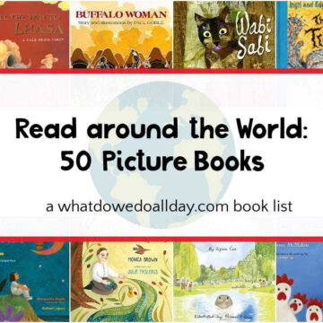 Picture book covers with text overlay "read around the world: 50 Picture Books"