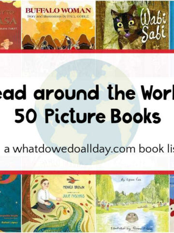 Picture book covers with text overlay "read around the world: 50 Picture Books"