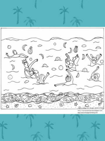 Summer solstice coloring page on blue background.