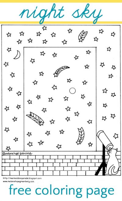 Twinkly night sky coloring page free printable for kids.