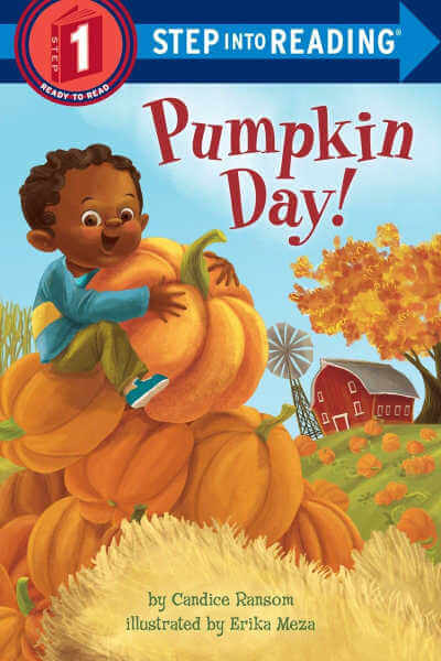 Book cover for Pumpkin Day with illustration of Black boy sitting in pumpkin patch holding a large pumpkin.