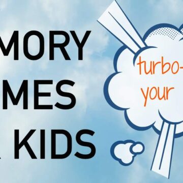 Graphic of bursting cloud on sky background with text that reads, "Memory Games for Kids" and inside cloud "turbo-boost your brain!"