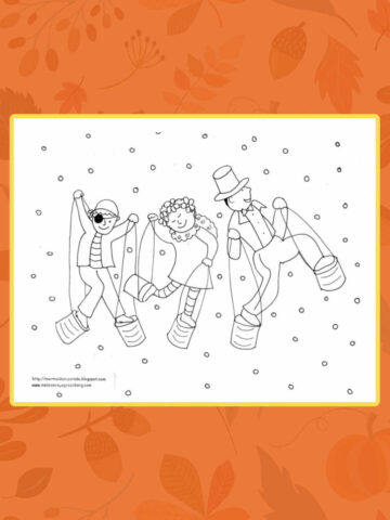 Coloring page featuring three children in costume, walking on monster stompers.