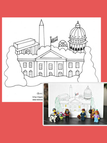 White House coloring page with photo insert of coloring page behind group of LEGO minifigures.