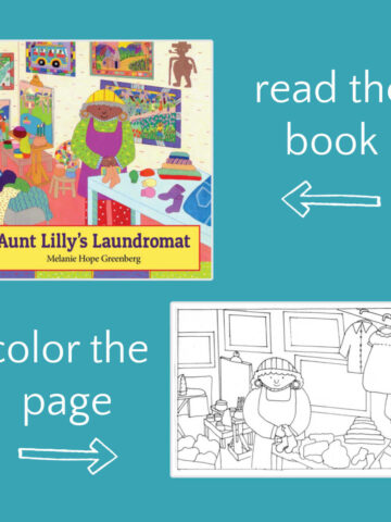 Book cover for Aunt Lilly's Laundromat showing woman folding laundry on table with gallery wall of pictures behind her, plus a coloring page of the same illustration.