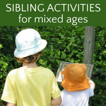 Two children wearing hats with text box that reads, "sibling activities for mixed ages"