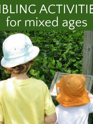 Two children wearing hats with text box that reads, "sibling activities for mixed ages"