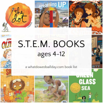 Collage of book covers with text overlay, STEM books ages 4-12