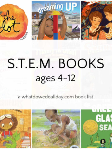 Collage of book covers with text overlay, STEM books ages 4-12