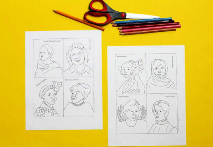 Women card coloring pages with scissors and pencils.