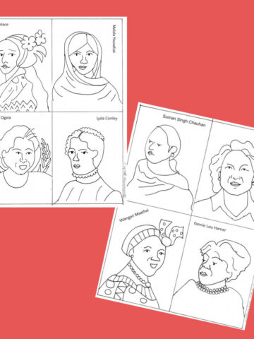 Two women card coloring pages on pink background. Each page includes illustrations of four women.