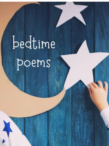 Child had reaching for star and text overlay bedtime poems