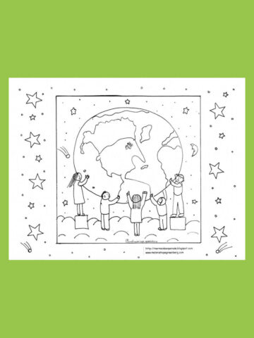Coloring page featuring illustration of children holding up the earth, on green background.