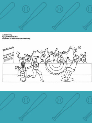 Baseball coloring page featuring illustration of fans in the stand behind player hitting ball, on blue background.