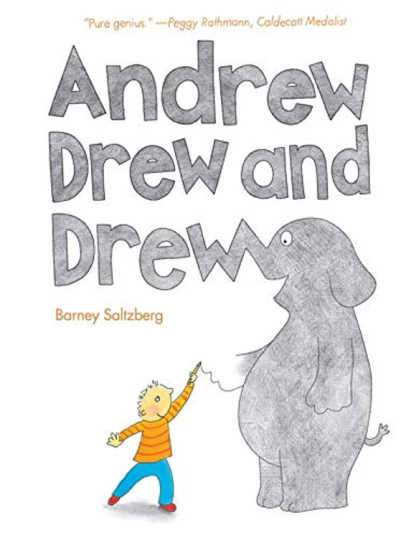 Book cover of Andrew Drew and Drew, with illustration of boy drawing an elephant.