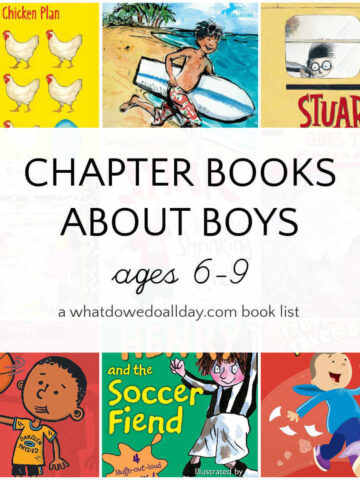 Grid of chapter books with text overlay, Chapter Books about Boys ages 6-9.
