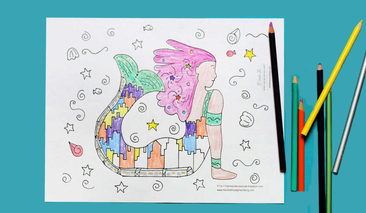Mermaid coloring page with colored pencils.