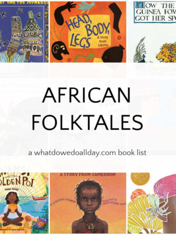 Collage grid of picture book covers with text overlay, African Folktales.