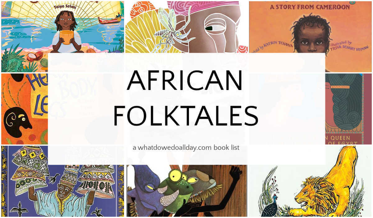 Collage grid of picture book covers with text overlay, African Folktales.