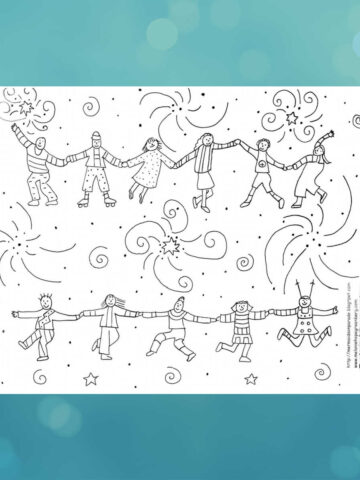 Celebration kids coloring page featuring illustration of children dancing and holding hands on blue background.