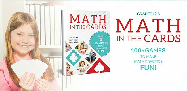 Smiling girl holding white playing cards next to image of book cover for Math in the Cards.