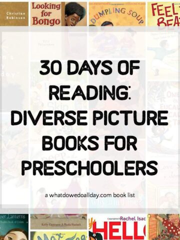 Collage of book covers with text overlay, "30 days of reading diverse picture books for preschoolers"