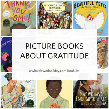 Collage of children's books with text overlay, Picture Books about Gratitude.