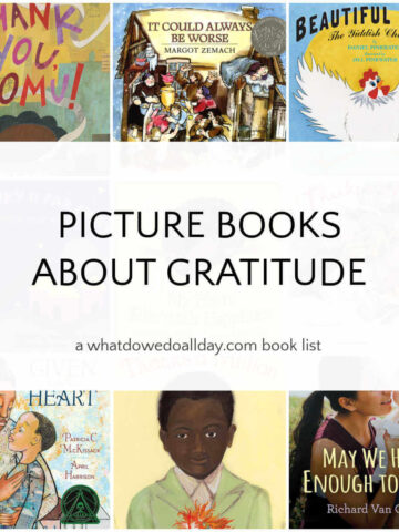 Collage of children's books with text overlay, Picture Books about Gratitude.
