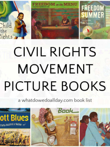 Grid collage of children's books with text overlay, civil rights movement picture books.