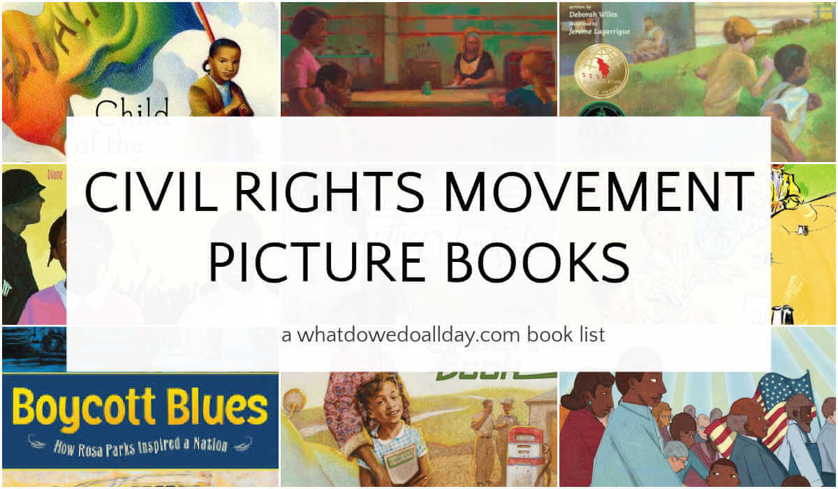Grid collage of children's books with text overlay, civil rights movement picture books