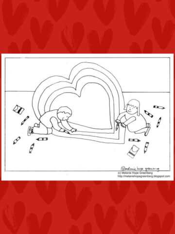 Coloring page with two children coloring a giant heart.