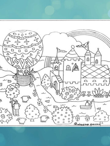Fairy tale coloring page with illustration of hot air balloon next to castle under a rainbow.