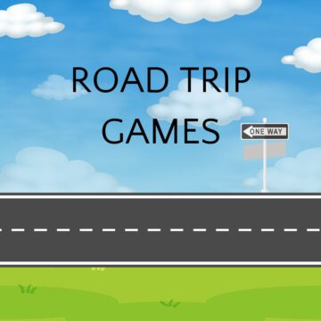 Street with cloudy blue sky and one way sign, and text overlay screen-free road trip games.