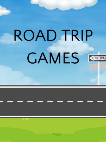 Street with cloudy blue sky and one way sign, and text overlay screen-free road trip games.