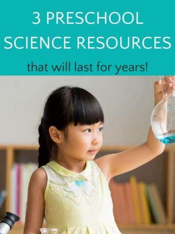 Preschool girl holding beaker of green liquid with text overlay, 3 Preschool science resources that will last for years.