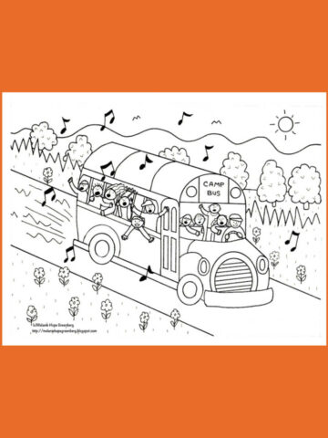 Summer camp bus coloring page on orange background.