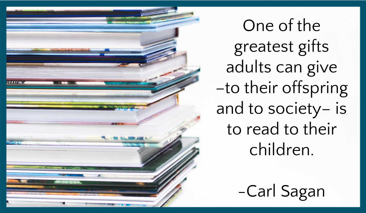 Stack of books next to text of Carl Sagal quote about gift of reading.