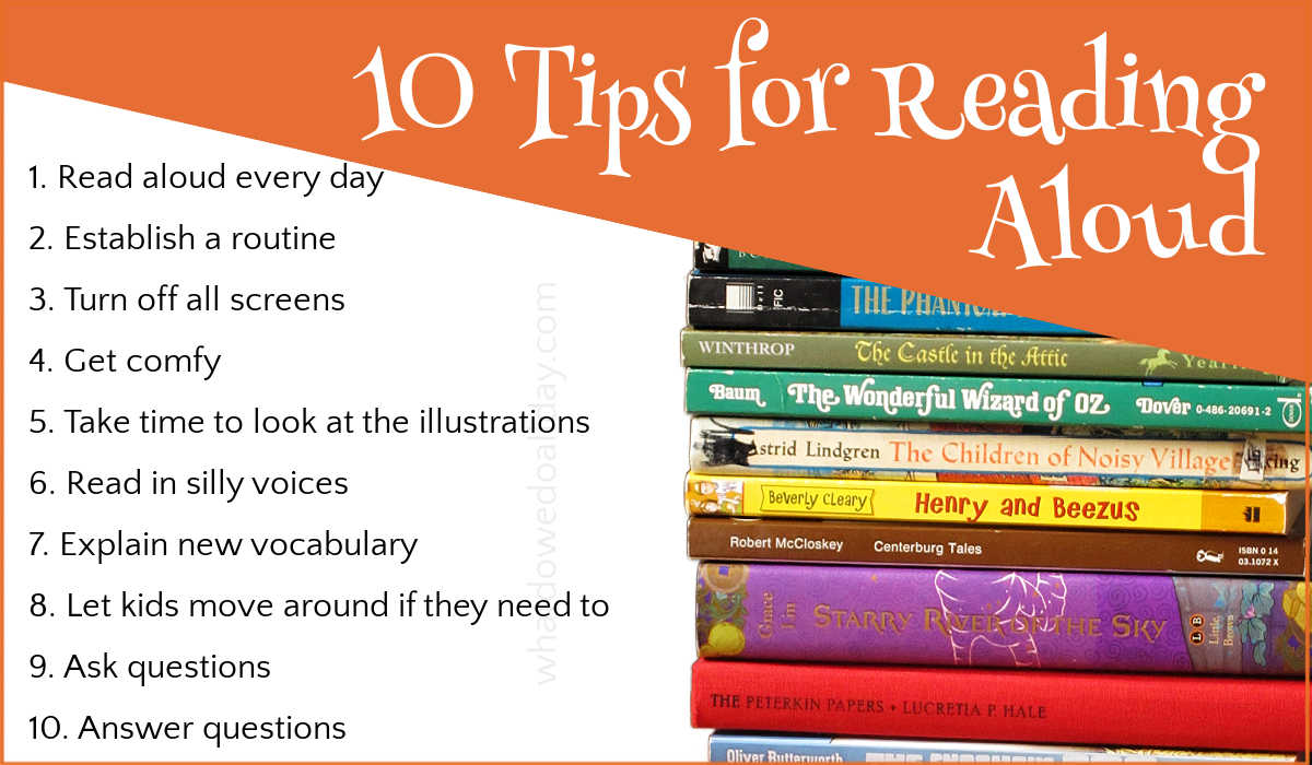 Graphic with 10 tips for reading aloud and photograph of stack of books.