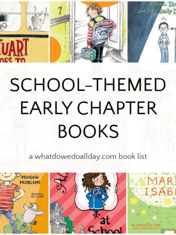 Collage of books with text overlay, School-Themed Early Chapter Books.