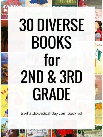 Collage of book covers with text overlay box, "30 diverse books for 2nd and 3rd grade"