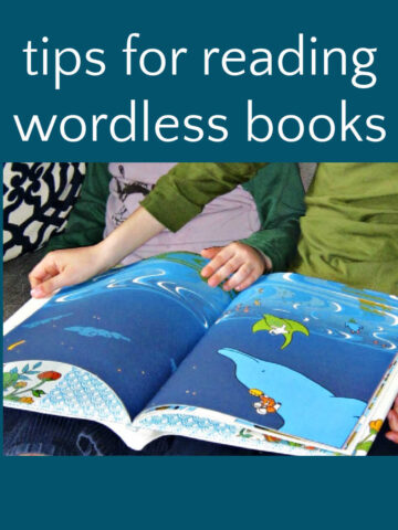 Open picture books on lap with text overlay, Tips for reading Wordless Books.