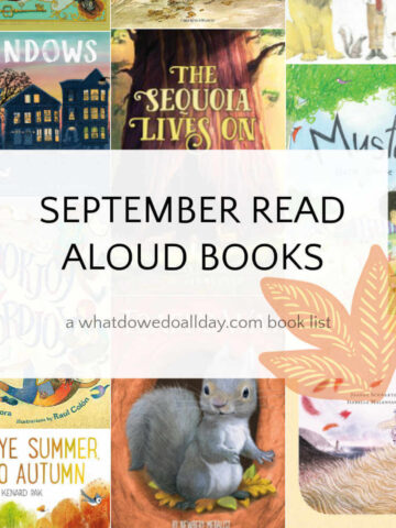 Collage of picture books with text overlay, "September read aloud books".