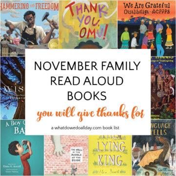 Collage of books with text overlay, November Family Read Aloud Books you will give thanks for.