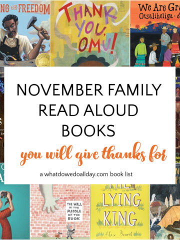 Collage of books with text overlay, November Family Read Aloud Books you will give thanks for.