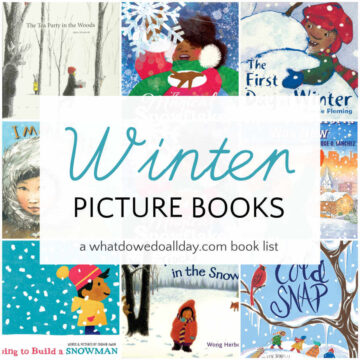Collage of picture books with text overly, Winter Picture Books.