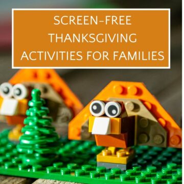 LEGO turkey with text overlay "screen-free Thanksgiving activities for families"