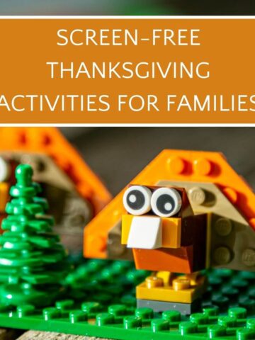 LEGO turkey with text overlay "screen-free Thanksgiving activities for families"
