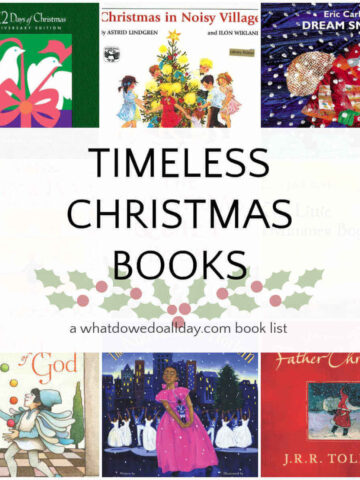 Collage of Christmas picture books for kids with text overlay, Timeless Christmas Books.